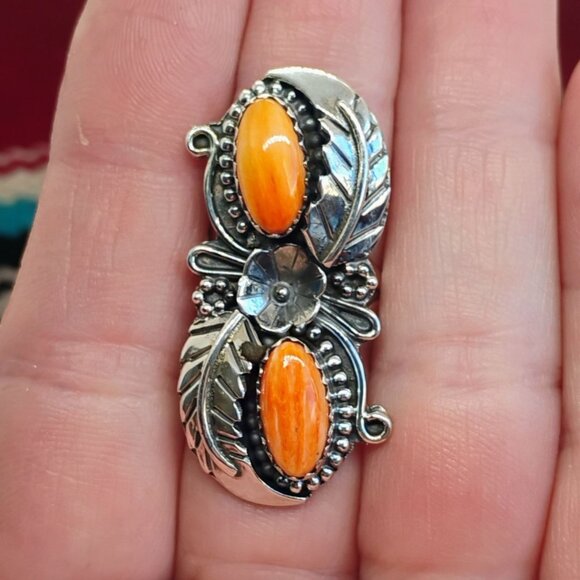 Southwest Sterling Silver Double Orange Spiny Oyster Shell Statement Ring Sz 7.5 - Picture 2 of 7